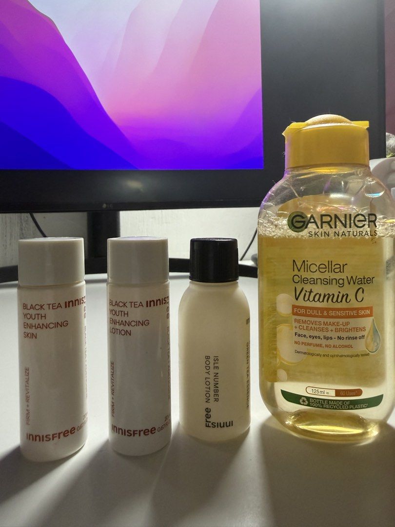 Skincare Bundle (Innisfree + Garnier) (Category: Face Care) located in Manila. Submitted by disenchantment (Listing ID 1436072609, Image 2). Description: Bundle includes - Innisfree Black Tea Youth Enhancing Skin 20ml 70% full - Innisfree Black Tea Youth Enhancing Lotion 20ml 80% full - Innisfree Green Tea Essence Body Lotion 30 ml 70% full - Garnier Micellar Cleansing Water Vitamin C 125ml 90% full Innisfree items bought in Korea (expiry 2028) G