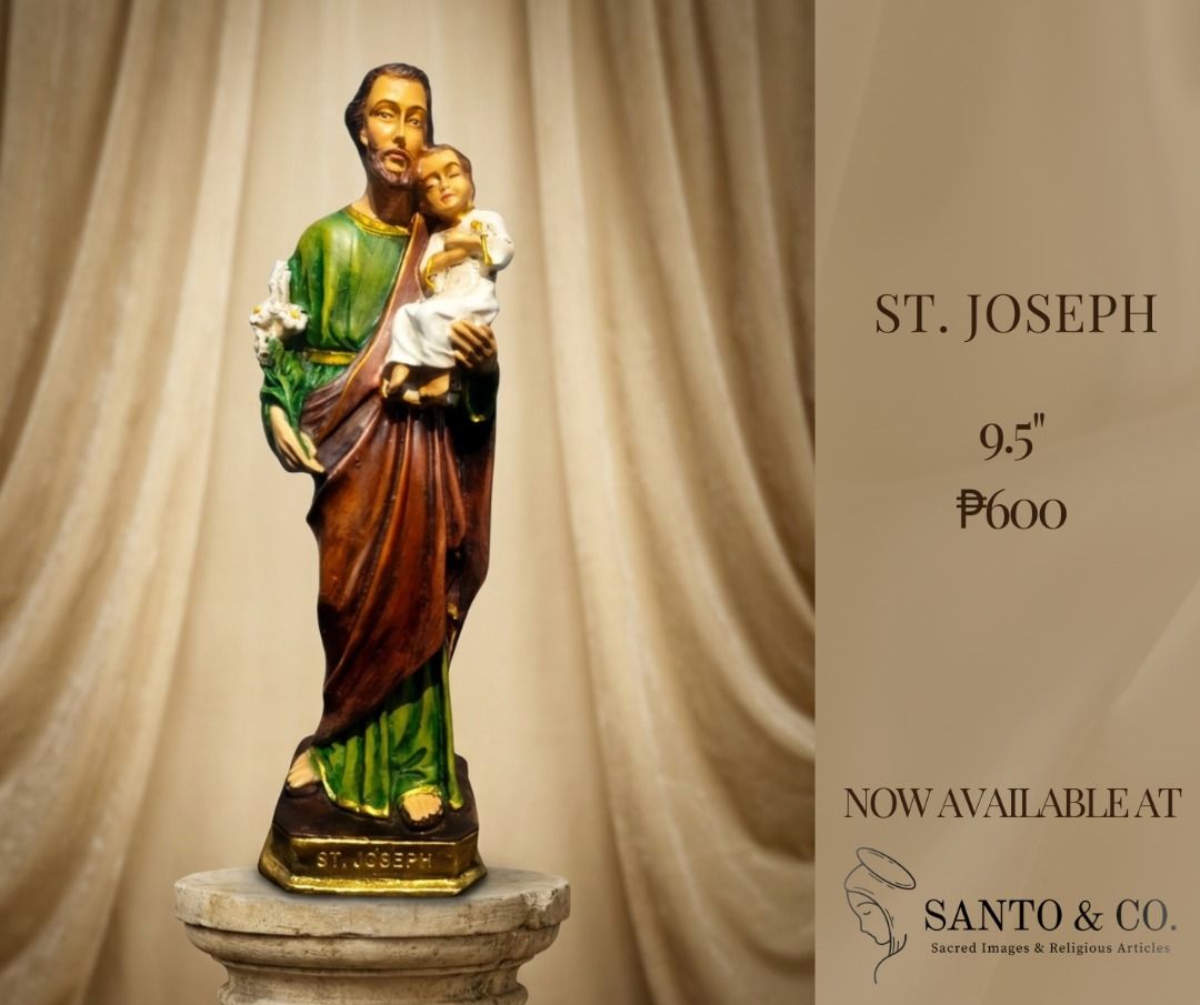 St. Joseph Statue 9.5" (Category: Religious Items) located in Paranaque City. Submitted by santo_coph (Listing ID 1436088662, Image 1). Description: ‘A father’s heart, a worker’s hands.’ 🪵✨ We are honored to share our 9.5-inch St. Joseph image. As the silent guardian of the Redeemer, St. Joseph provides a powerful example of humble strength and unwavering faith. Size: 9.5 inches Material: Durable Resin Price: ₱600 Bring the patron of fathers and