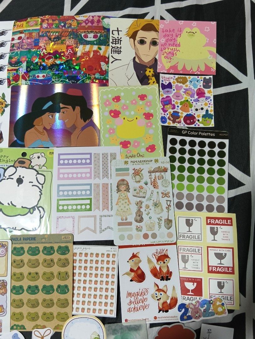 [TAKEALL] Destash Journaling Stationeries and Stickers (Category: Stationery & School Supplies) located in Pasig City. Submitted by charlottedestash_ (Listing ID 1436012549, Image 3). Description: DESTASH TAKE ALL Stickers and Stationery for Journaling +additional freebies 15 sticker sheets with varying textures and sizes 5 postcards/art prints sticker flakes and vynils + sealed bread memo pad + button pin + washi sampler Payment first thru Gcash