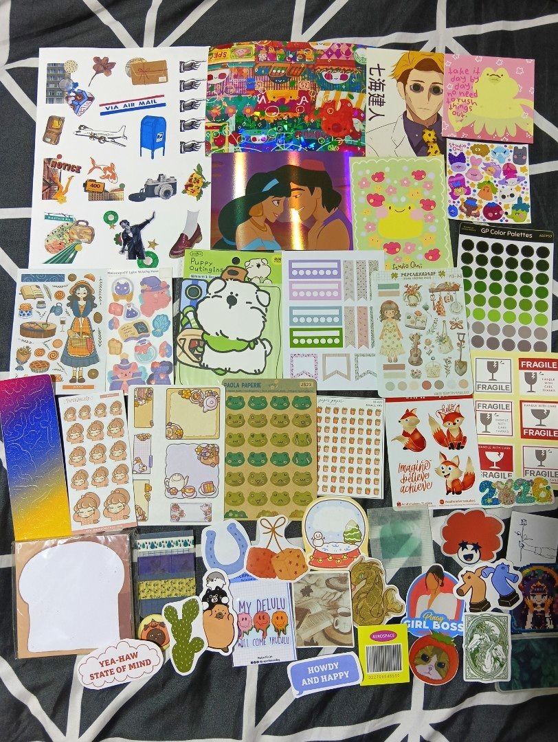 [TAKEALL] Destash Journaling Stationeries and Stickers (Category: Stationery & School Supplies) located in Pasig City. Submitted by charlottedestash_ (Listing ID 1436012549, Image 1). Description: DESTASH TAKE ALL Stickers and Stationery for Journaling +additional freebies 15 sticker sheets with varying textures and sizes 5 postcards/art prints sticker flakes and vynils + sealed bread memo pad + button pin + washi sampler Payment first thru Gcash