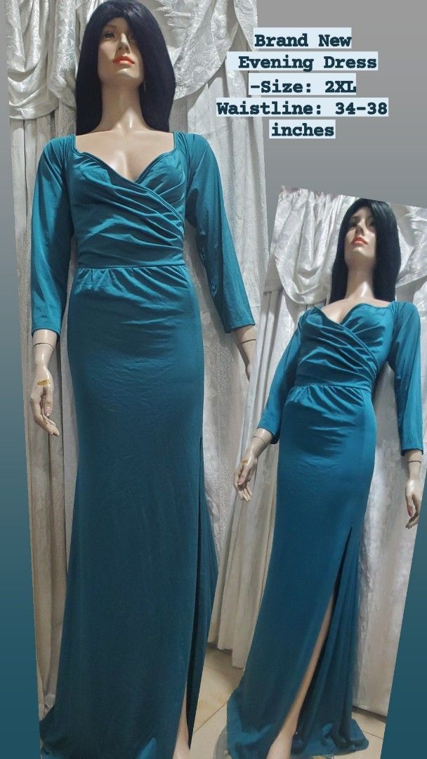 Teal 2XL Evening Dress with Slit (Category: Evening dresses & gowns) located in Manila. Submitted by gresha (Listing ID 1436077040, Image 2). Description: - Teal evening dress - Wrap-style bodice - Thigh-high slit - Size: 2XL (waist 34-38") - Long sleeves - Material: 95% polyester, 5% spandex - Machine wash cold, gentle cycle. Do not bleach..