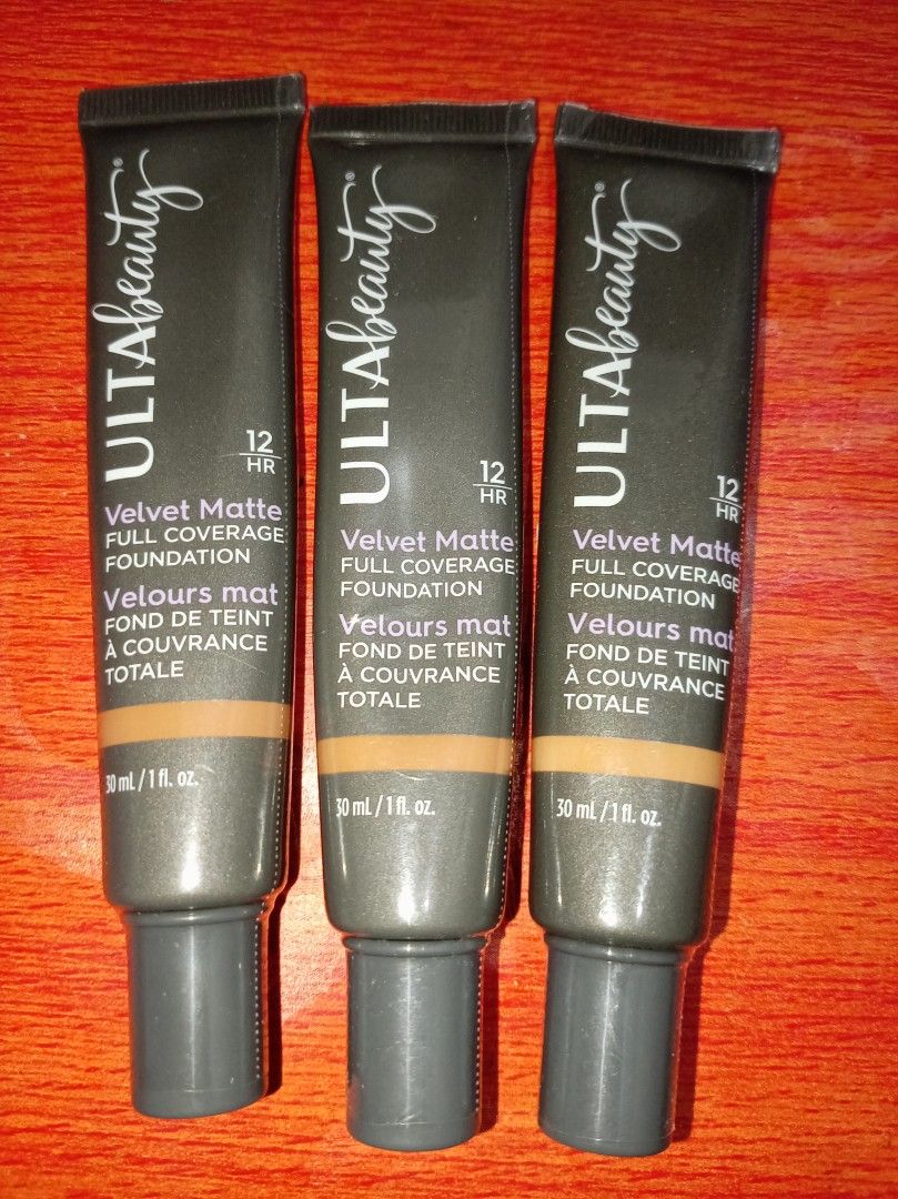 ULTA Beauty Velvet Matte Full Coverage Foundation (Category: Makeup) located in General Santos City (Dadiangas). Submitted by darrenjeremynabor (Listing ID 1436042808, Image 1). Description: - Three tubes of ULTA Beauty Velvet Matte Full Coverage Foundation - Each tube contains 30 ml / 1 fl. oz. - Provides full coverage - Medium shade - Comes in a dark gray tube with a matching gray cap.