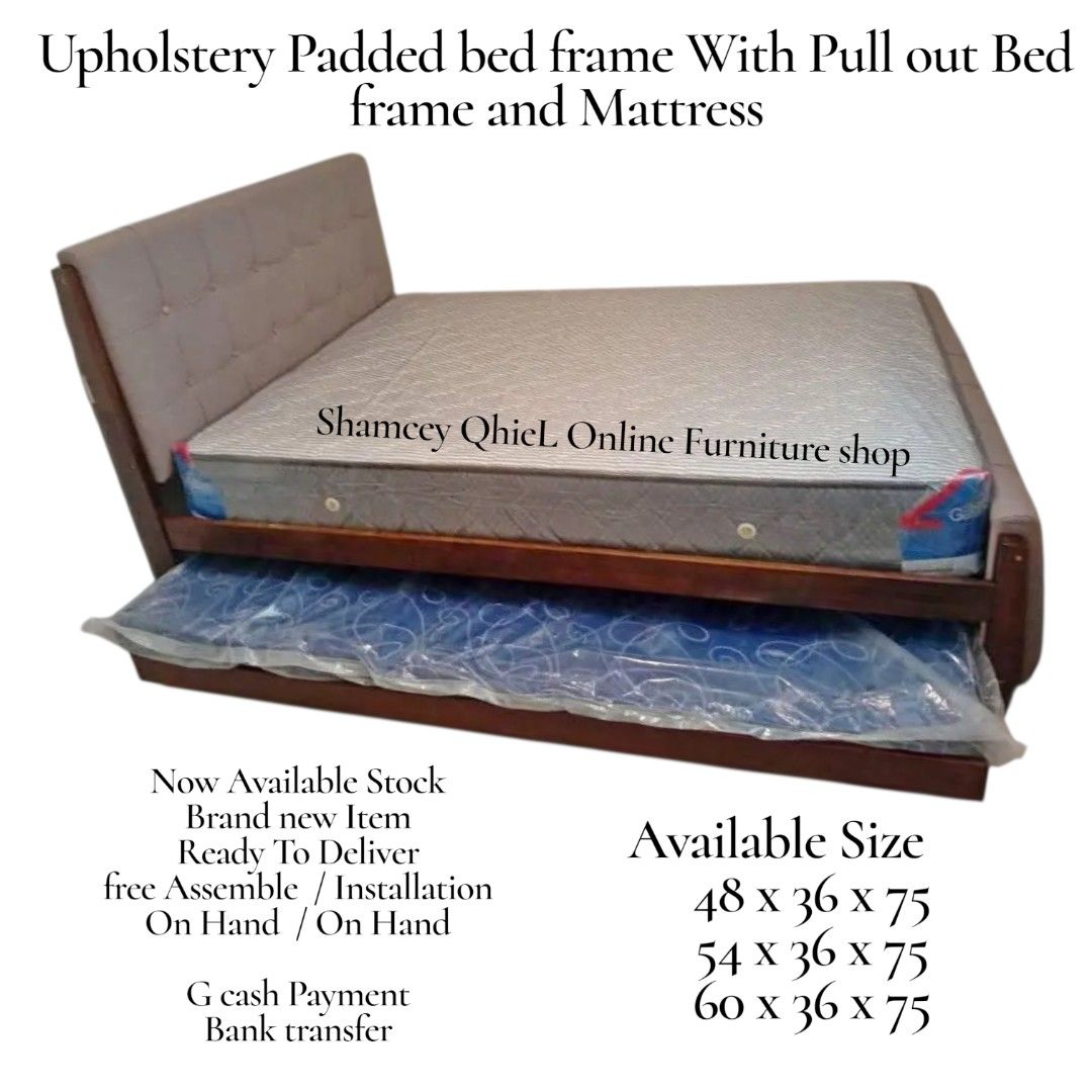 Upholstery Padded Bed Frame with Pull-out Bed (Category: Bed Frames & Mattresses) located in Manila. Submitted by morallosmariel2 (Listing ID 1435932900, Image 1). Description: - Upholstery padded bed frame - Includes pull-out bed frame and mattress - Available sizes: - 48x36x75 - 54x36x75 - 60x36x75 - Free assembly and installation - Payment options: Gcash and bank transfer - On hand and ready for delivery.
