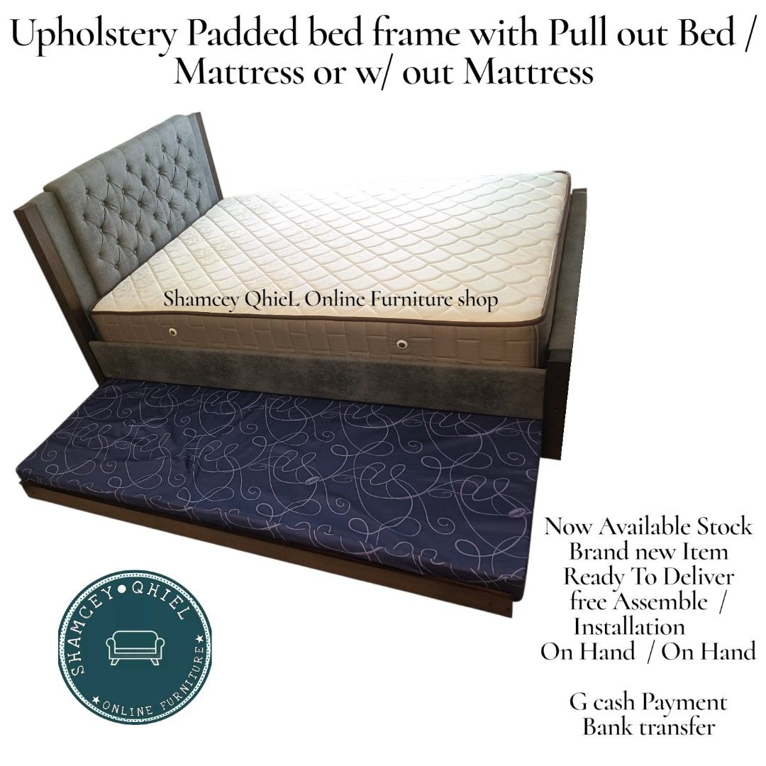 Upholstery Padded Bed Frame with Pull-out Bed (Category: Bed Frames & Mattresses) located in Manila. Submitted by morallosmariel2 (Listing ID 1435932900, Image 2). Description: - Upholstery padded bed frame - Includes pull-out bed frame and mattress - Available sizes: - 48x36x75 - 54x36x75 - 60x36x75 - Free assembly and installation - Payment options: Gcash and bank transfer - On hand and ready for delivery.