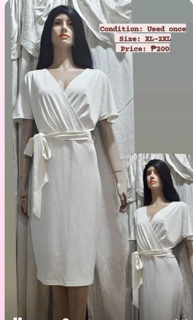 White Wrap Dress XL-2XL (Category: Dresses) located in Manila. Submitted by gresha (Listing ID 1436078463, Image 1). Description: - Elegant white wrap dress - Flattering V-neck - Short sleeves - Matching tie belt - Knee-length - Size: XL-2XL.