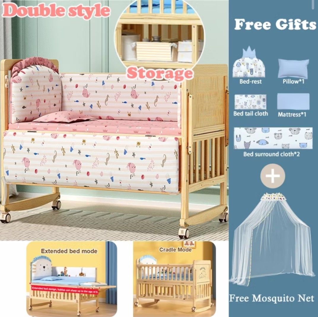 Wooden Baby Crib with Storage (Category: Cots & Cribs) located in Tarlac. Submitted by ladymama11 (Listing ID 1436071164, Image 1). Description: - Wooden baby crib with convertible design: crib, extended bed, and cradle modes. - Includes free gifts: bed-rest, pillow, mattress, bed surround cloth, and mosquito net. - Features a convenient storage drawer. - Made of light-colored wood. - Simple and classic design. rfs. already switch to playpen boug