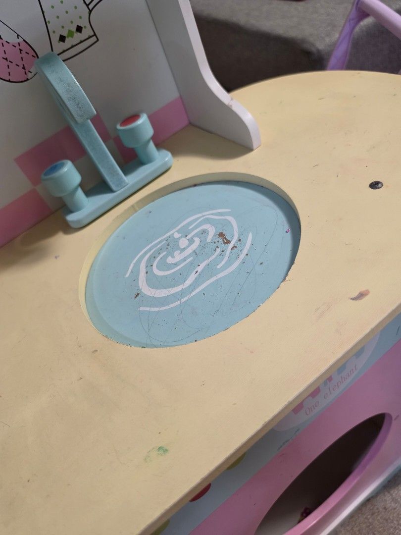 Wooden Play Kitchen Set (Category: Kids Toys) located in Las Pinas. Submitted by kassiekaye (Listing ID 1435932452, Image 2). Description: - Adorable wooden play kitchen set - Features refrigerator, microwave, oven, sink, and washing machine - Charming pink and white color scheme with blue accents - Includes washing machine with a clear door - Shows some wear and tear - Ideal for imaginative play for kids.