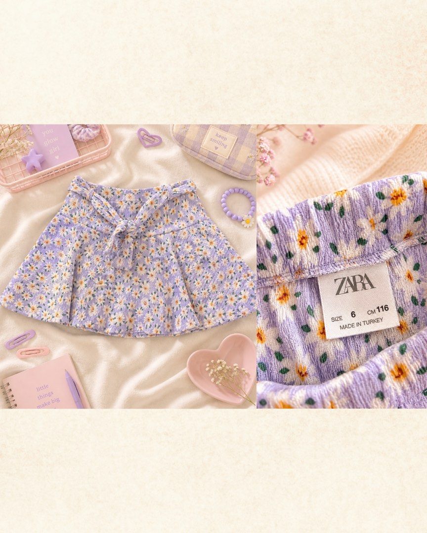 Zara Floral Skirt (Category: Babies & Kids Fashion) located in Muntinlupa City. Submitted by nonhoarder (Listing ID 1435950922, Image 1). Description: Adorable Zara skirt featuring a lovely floral print. It has a tie-waist design and a comfortable fit. The skirt is size 6.