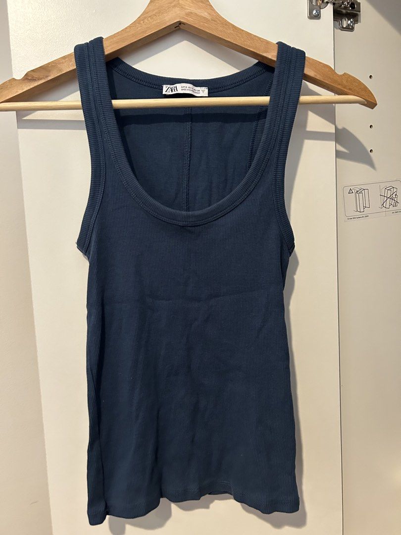 Zara Ribbed Tank Top - Size S (Category: Sleeveless) located in Manila. Submitted by lex_declutters (Listing ID 1435955610, Image 1). Description: - Zara tank top - Dark blue color - Size S - Ribbed design - Round neckline - Made in Bangladesh.
