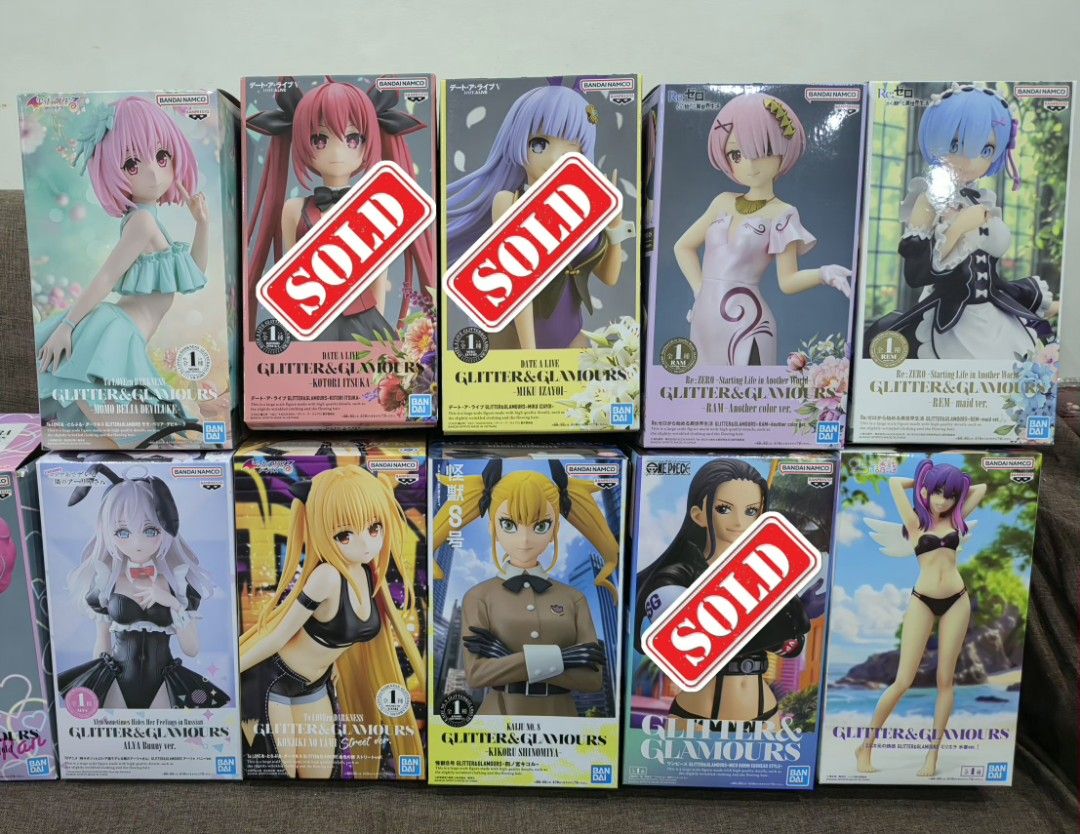 Banpresto Glitter & Glamours Anime Figures (Category: Figurines & Statues) located in Makati City. Submitted by pjreggae22 (Listing ID 1436280416, Image 1). Description: Collection of Banpresto Glitter & Glamours anime figures. Includes various characters from different series. Each figure comes in its original box. Some boxes have been marked as sold. The available figures include characters with pink, red, and blue hair. Other figures are also 