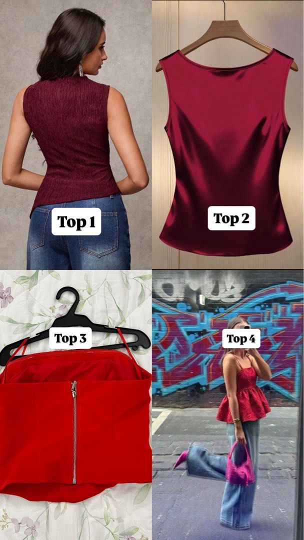 Brand new Red Party Tops (Category: Blouses) located in Pasig City. Submitted by chloelovespink (Listing ID 1436153016, Image 2). Description: Red Pleated Top | 250 Red satin party top | 300 Red tube top | 350 Red floral sleeveless top | 200 ✨TAKE ALL FOR ₱850 ✨ALL BRAND NEW MOP: GCASH/BPI MOD: GRAB/LALAMOVE/JNT/LBC Message for more information.