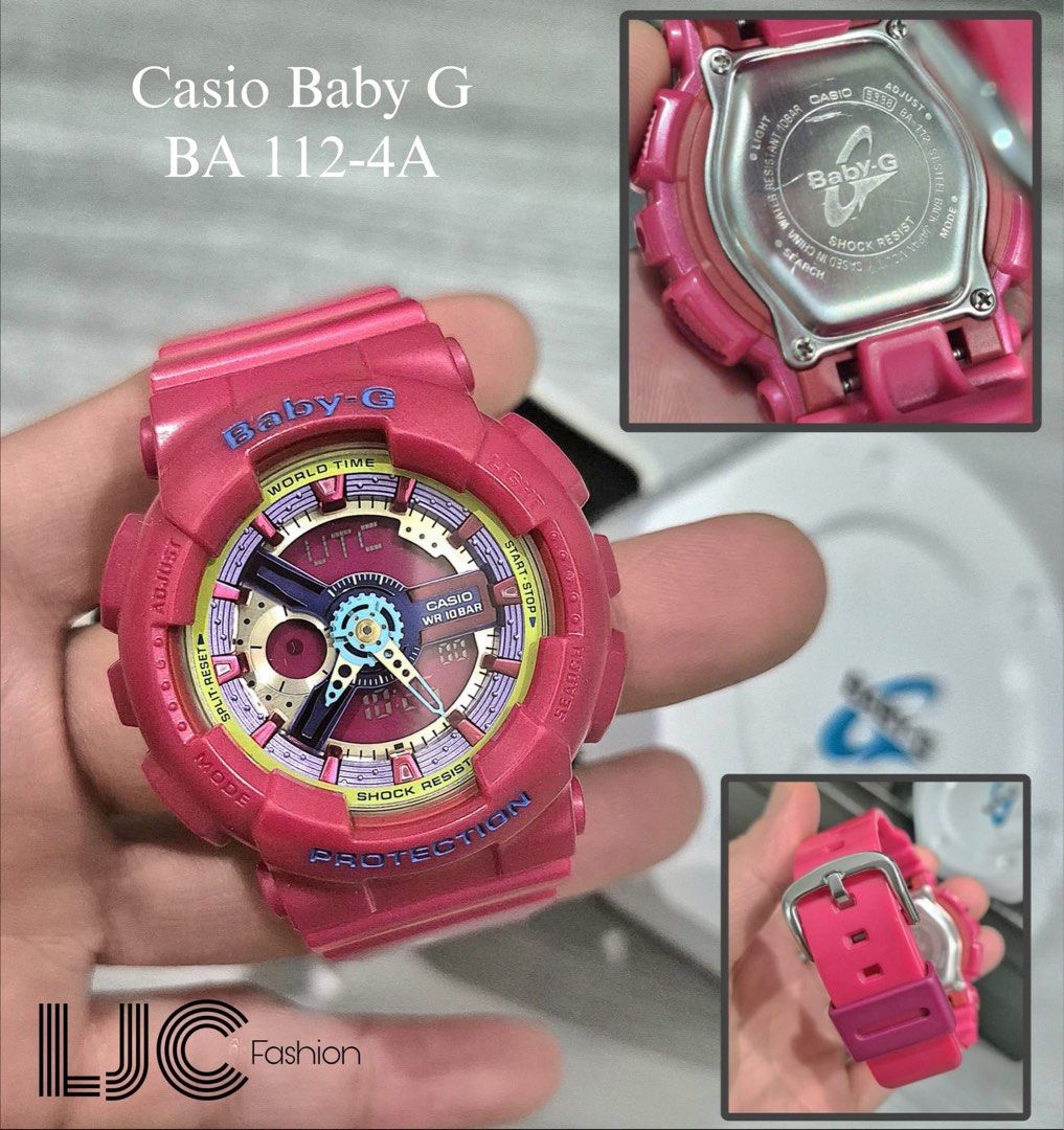 Casio Baby-G BA-112-4A Watch (Category: Women's Watches) located in Caloocan City. Submitted by lujosacollection (Listing ID 1436274657, Image 1). Description: Casio Baby-G watch features a vibrant pink design. It has a round face with multiple dials and a digital display. The watch is shock resistant and water resistant to 10 bar. The strap is also pink and has a buckle closure. The watch has the Baby-G logo on the face and the back..