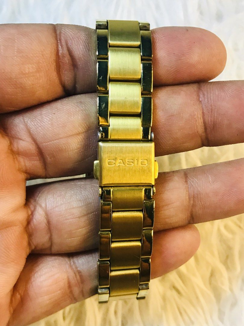 Casio Quartz Gold Watch LTP-1165 (Category: Women's Watches) located in Manila. Submitted by zerimar01 (Listing ID 1436232531, Image 3). Description: - Casio Quartz watch - Gold-toned finish - Black rectangular dial - Gold hands and markers - Stainless steel back - Water-resistant - Model: LTP-1165 - Made in China.