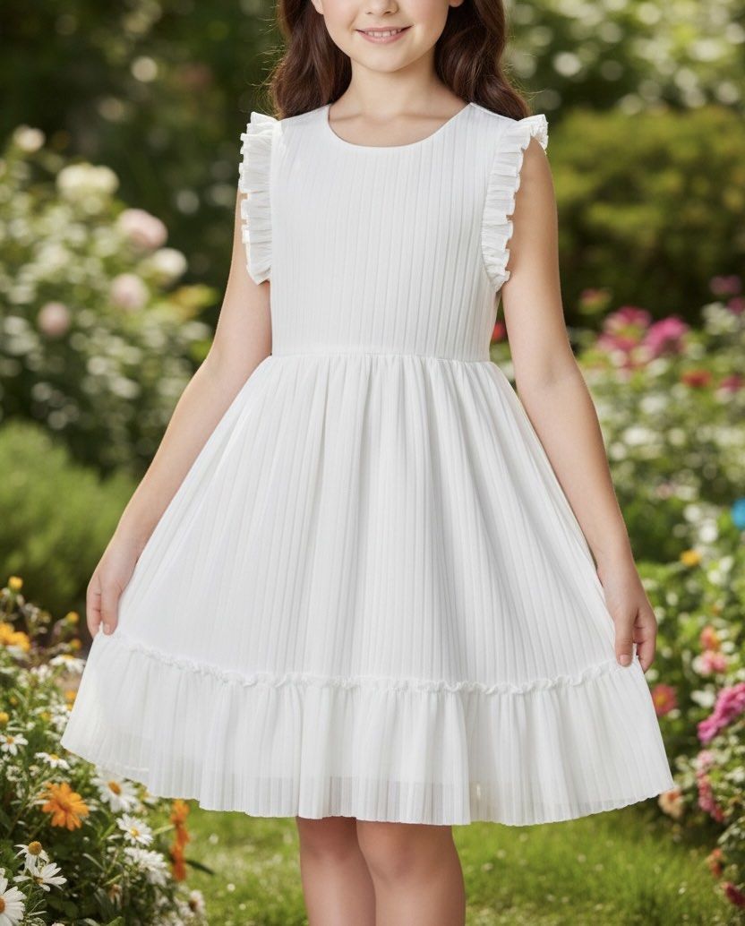 Chic Kee Duck White Pleated Dress (Category: Babies & Kids Fashion) located in Manila. Submitted by primemover2 (Listing ID 1434706582, Image 3). Description: - Chic Kee Duck white dress - Pleated design - Ruffle details on sleeves and hem - Round neckline - Zipper closure at the back - Lightweight fabric - Suitable for warm weather - Great for casual or special occasions.