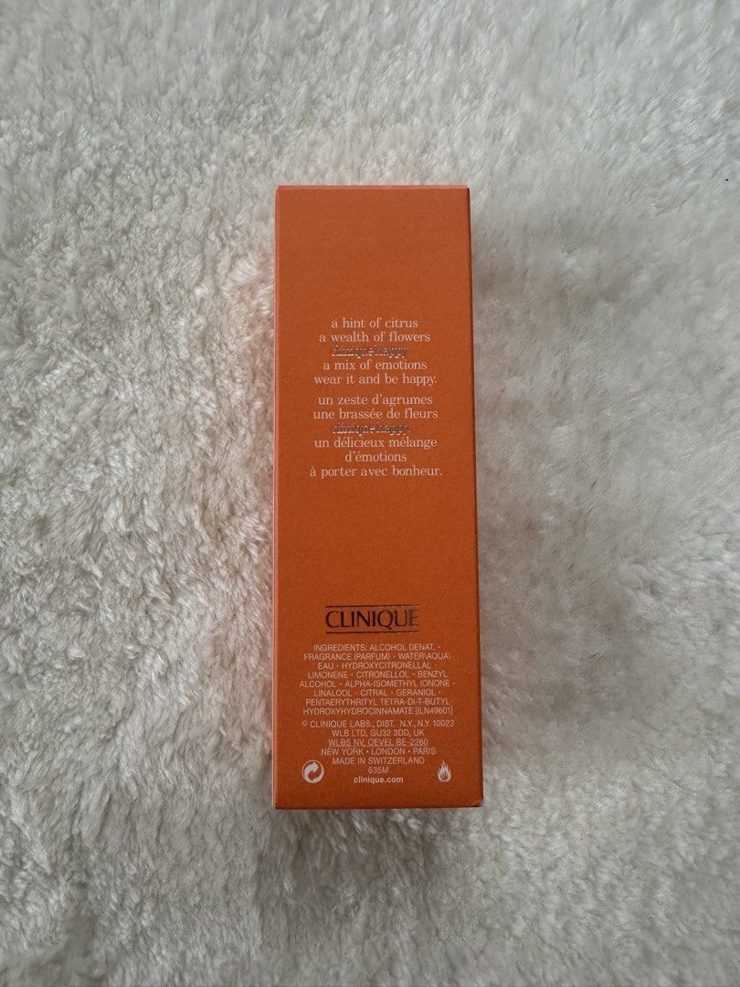 Clinique Happy 50ml (Category: Fragrance & Deodorants) located in Cainta. Submitted by shop_codi (Listing ID 1436192248, Image 2). Description: 50ml Clinique’s bestselling women’s perfume. Every citrus-bright, floral-fresh note holds the promise of a happy day. RFS: Got this from an ex-deal between our company and Clinique.