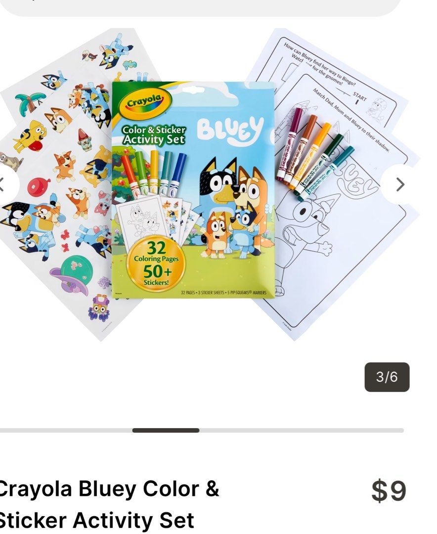 Crayola Bluey Color & Sticker Activity Set (Category: Children's Books) located in Manila. Submitted by holakarenzki (Listing ID 1436215031, Image 1). Description: - Crayola Bluey Color & Sticker Activity Set - Includes 32 coloring pages - Over 50 stickers - Comes with markers - Perfect for Bluey fans - Great for keeping kids entertained.