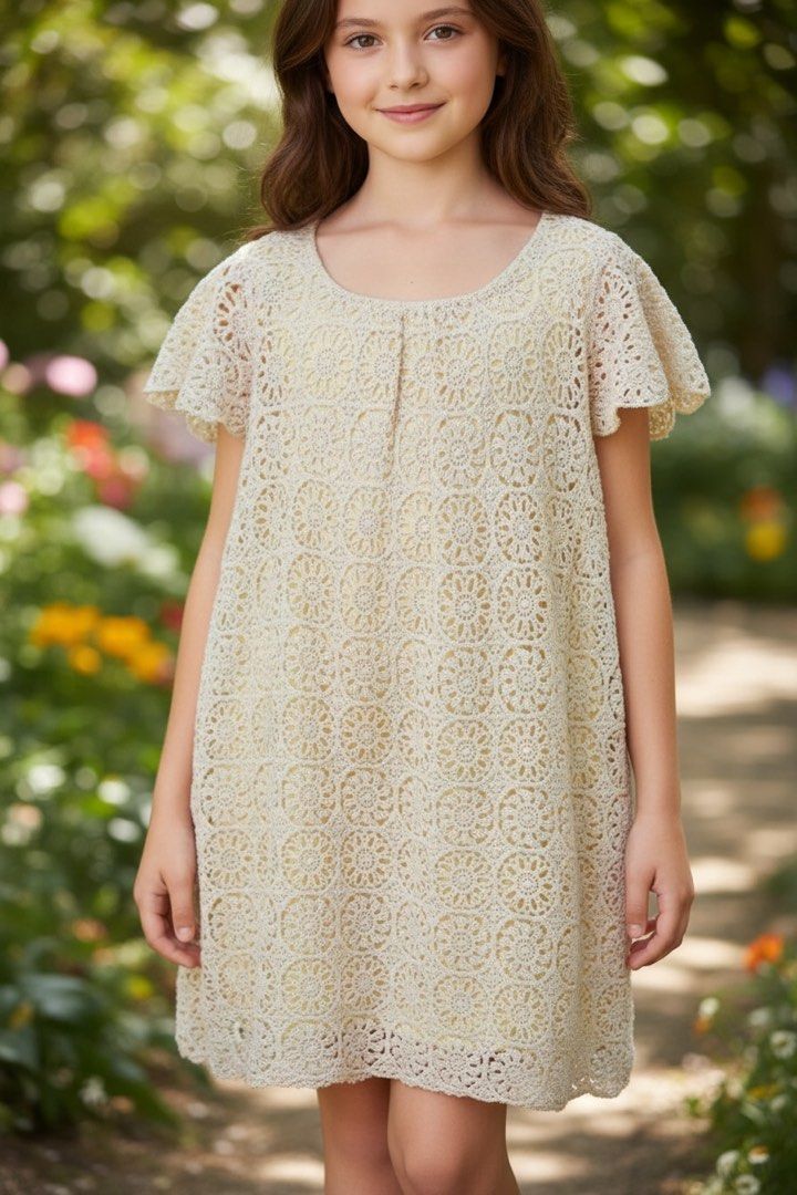 Cream Crochet Dress (Category: Babies & Kids Fashion) located in Manila. Submitted by primemover2 (Listing ID 1434701624, Image 3). Description: - Cream-colored dress - Delicate crochet overlay with floral pattern - Short sleeves - Round neckline - Light yellow lining - Made in China - Shell: 100% nylon - Lining: 100% polyester.