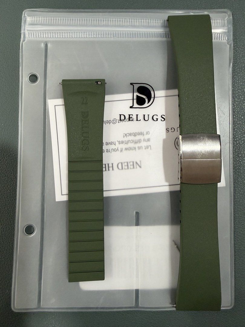 Delugs CTS Rubber Strap 22-18, Olive Green (Category: Luxury Watches) located in Quezon City. Submitted by --ro-- (Listing ID 1436100707, Image 1). Description: Delugs CTS Rubber Strap 22-18, Olive Green 3 pcs strap but 2 were already cut to my size. Please check photos. =========== FKM Rubber Cut-To-Size (“CTS”) rubber watch strap. Customisable to fit your wrist perfectly and secured with a sleek leaf-spring deployant clasp, it is also available