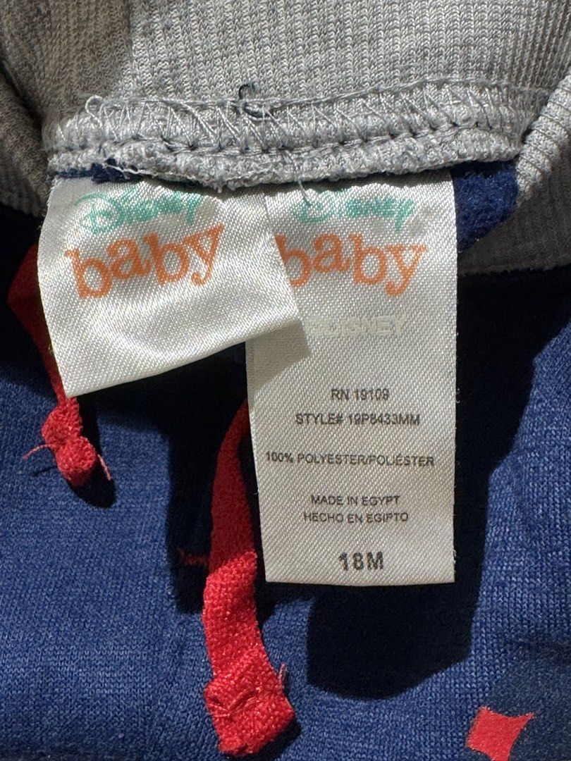 Disney Baby Mickey Mouse Pants 18M (Category: Babies & Kids Fashion) located in Quezon City. Submitted by joyeusefille (Listing ID 1436275385, Image 3). Description: - Disney Baby Mickey Mouse pants - Navy blue with gray waistband and cuffs - Features a red drawstring and two front pockets - Size: 18 months - Made in Egypt.