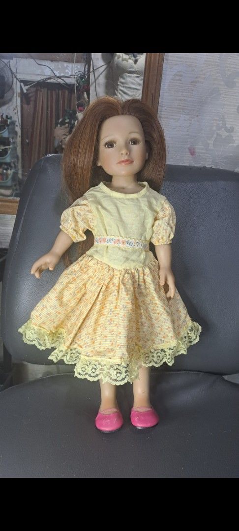 Doll Jeans and Dress Set (Category: Babies & Kids Fashion) located in Davao. Submitted by bravemoon_556cd5 (Listing ID 1436161841, Image 3). Description: - Blue denim doll pants with black lace trim and orange stitching - Yellow floral dress with lace hem - Matching belt - Pink shoes - Doll not included.