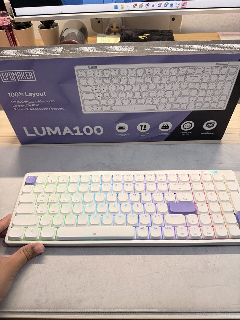 Epomaker LUMA 100 (Category: Computer Keyboard) located in Manila. Submitted by declutterbytitaa (Listing ID 1436107199, Image 2). Description: Hi! Selling my brand new Epomaker Luma 100 - Box - Leather Case - Dongle - Charging Cable - Keycap Puller - Extra Switch RFS: Tried only, selling as it’s not my keeb type. SRP: 7k Selling for 4k.