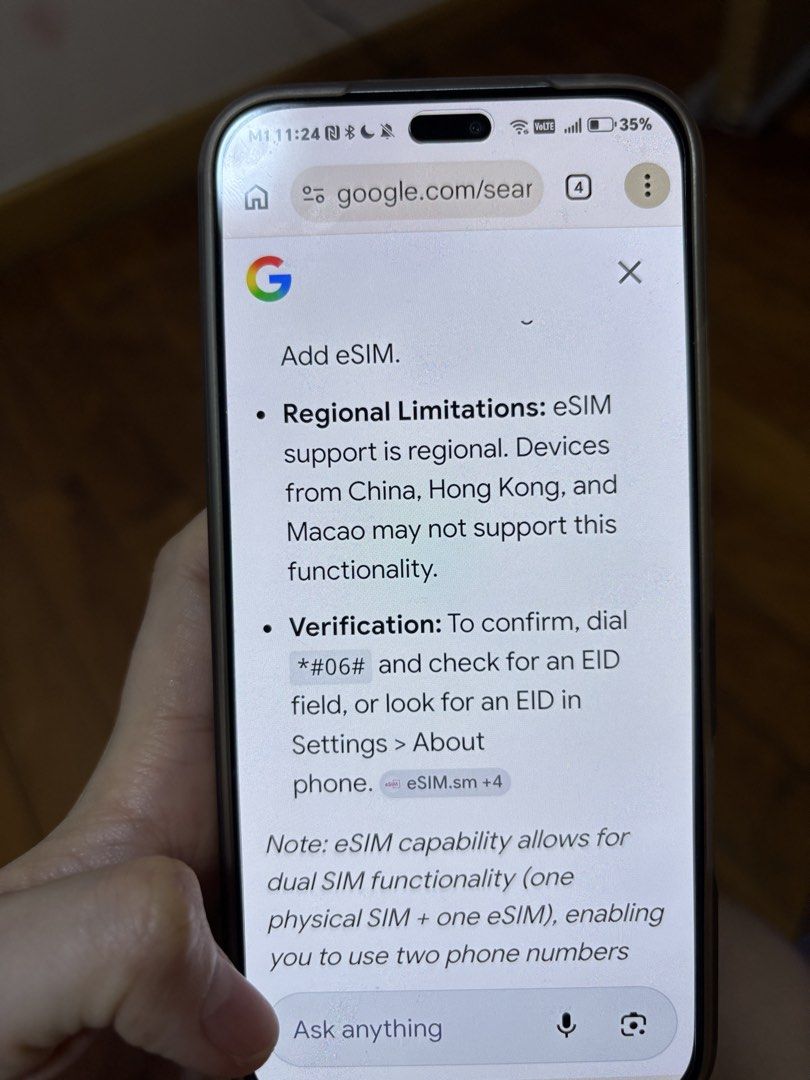 E-Sim (Category: Sim Cards) located in Singapore. Submitted by cs_12345 (Listing ID 1436188789, Image 3). Description: Our helper bought a Philippines E sim, end up her phone - Honor 400 Lite cannot install 🥹🥶 Any kind hearted people going to Philippines soon? She is selling back at the original price that she bought for in her Shop…. app. 15 GB, e-sim, 5G speed. Kindly check on your end whether yours can install first before buying from us. We