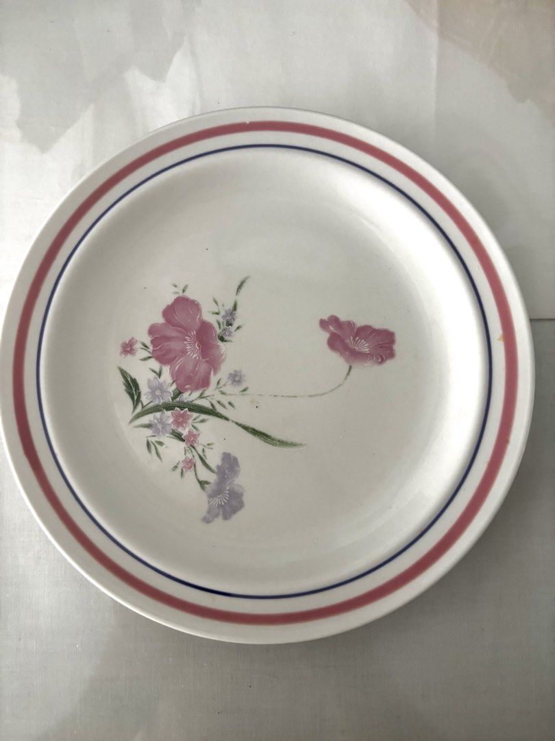 Floral Plates - Set of 2 (Category: Dinnerware & Cutlery) located in Taytay. Submitted by goodboyty (Listing ID 1436100595, Image 1). Description: - Set of two plates - Floral design - White base with pink and blue striped rims - Floral pattern in the center.