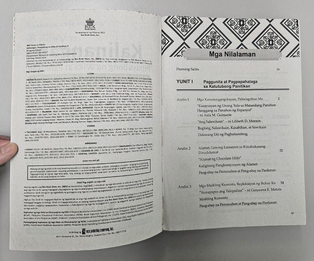 For Grade 8: Kalinangan 8, Binagong Edisyon (Category: Textbooks) located in Quezon City. Submitted by the_l1ttlej0ys (Listing ID 1436101211, Image 2). Description: preowned but unused 🥳 copyright 2023 in very good condition >no writings >has highlights on 2 pages only.