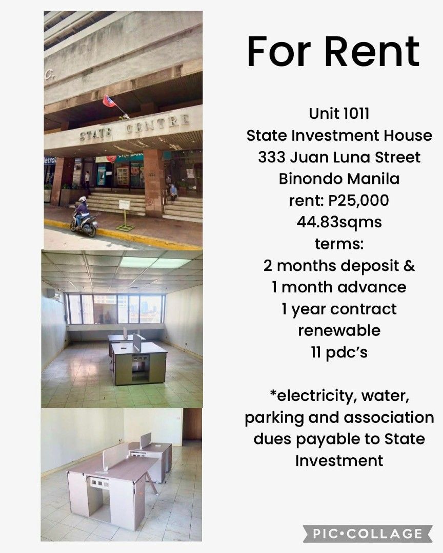 For Rent Apartment or Office (Category: Apartments & Condos) located in Pasig City. Submitted by tjrtforeve46982 (Listing ID 1436209339, Image 1). Description: 🏢 FOR RENT – OFFICE SPACE 📍 Unit 1011 State Investment House 333 Juan Luna Street, Binondo, Manila 💰 Monthly Rent: ₱25,000 📐 Floor Area: 44.83 sqm 📋 Terms & Conditions: • 2 months deposit • 1 month advance • 1-year contract (renewable) • 11 post-dated checks (PDCs) 📌 Additional Charg