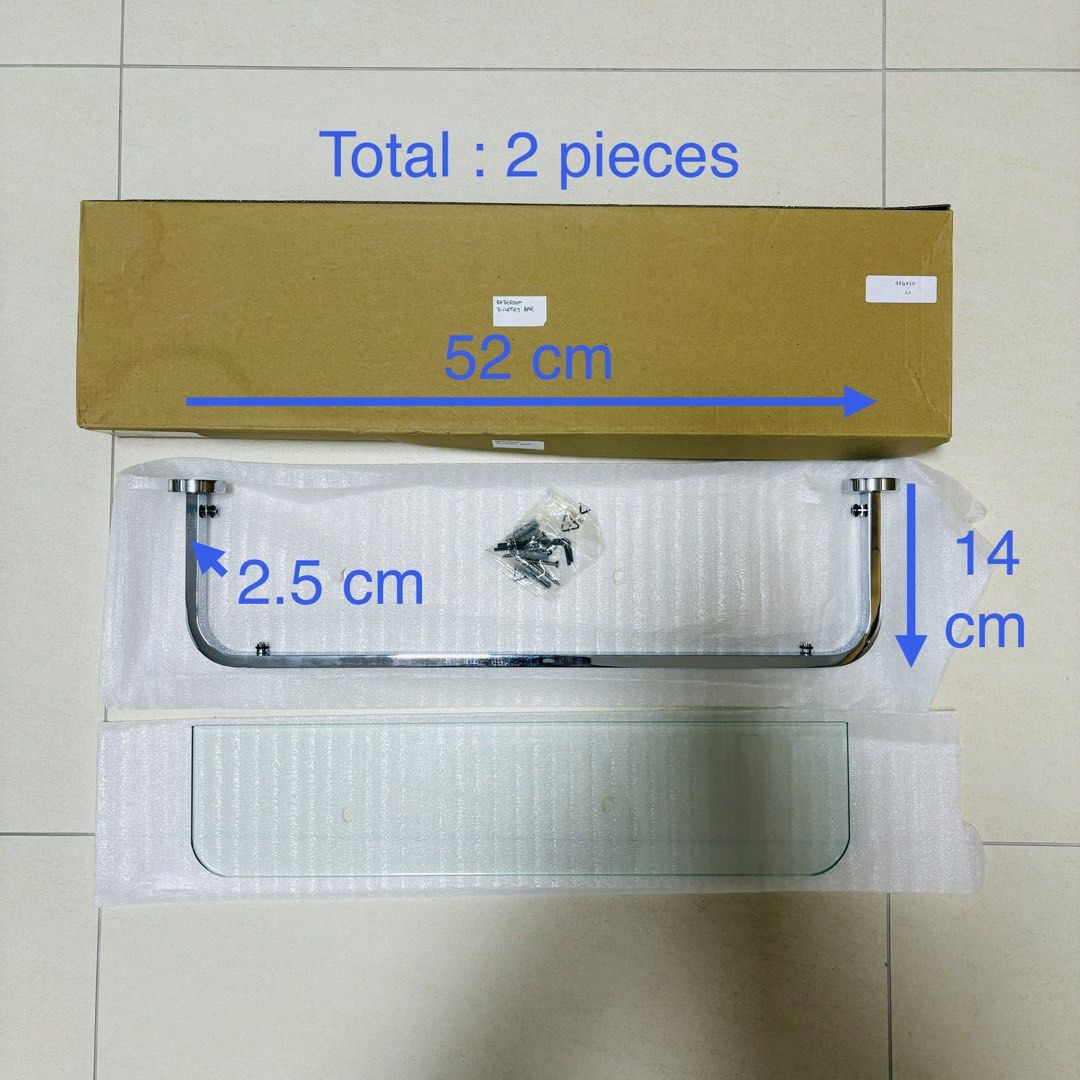 Glass Panel Storage Shelf Rack With Metal Bar & Screws For Accessories, Bathroom, Restroom, Toilet, Toiletries, Etc