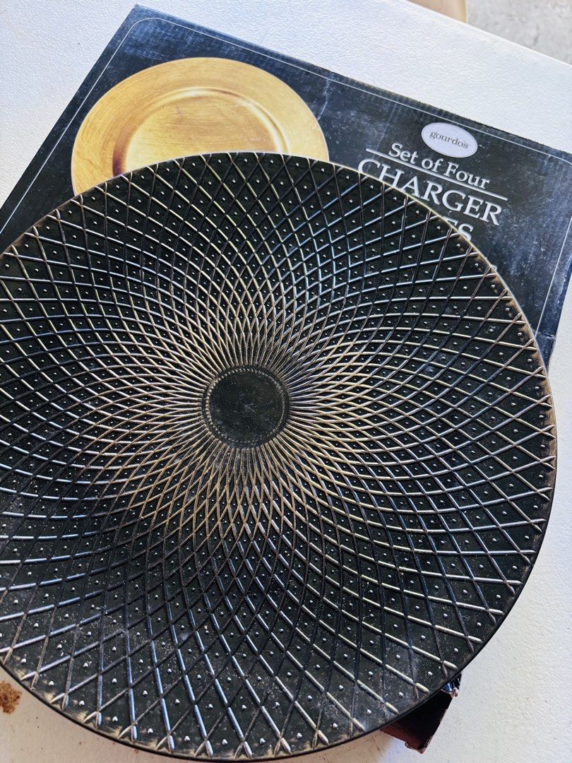 Gourdos 4 pcs charger plates (Category: Coffee & Tea Tableware) located in Paranaque City. Submitted by luxemomma (Listing ID 1436107228, Image 1). Description: Brand new MOP: Gcash/Bpi.