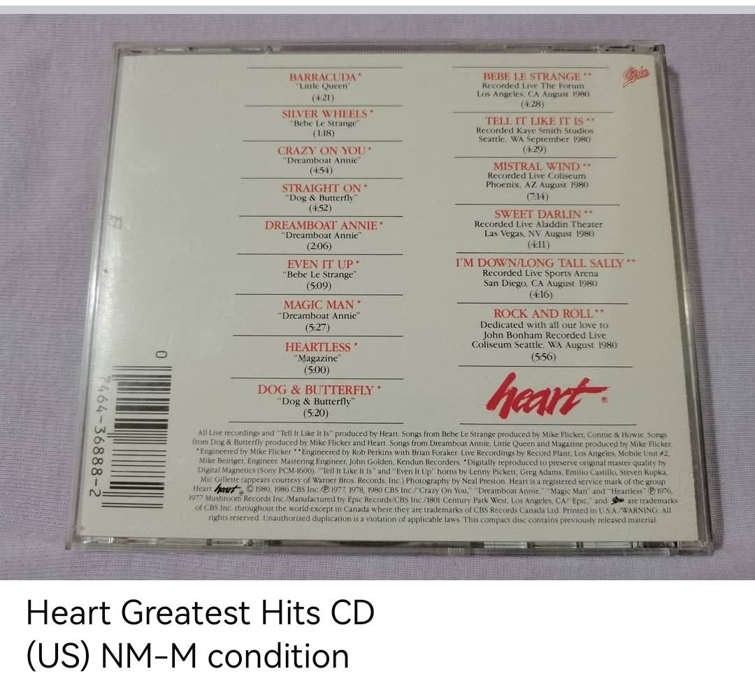 Heart Greatest Hits CD (unsealed) (Category: CDs & DVDs) located in Dangcagan. Submitted by cd_haven5 (Listing ID 1436146775, Image 2). Description: #FORSALE #FORSALE #FORSALE #Authentic #Legit #Original We only sell original items. All items posted are on hand. Please message me for availability of the item/s because the items are also posted on my other online stores. All items are imported unless stated PH. We also accept Pre-orders. Payment M