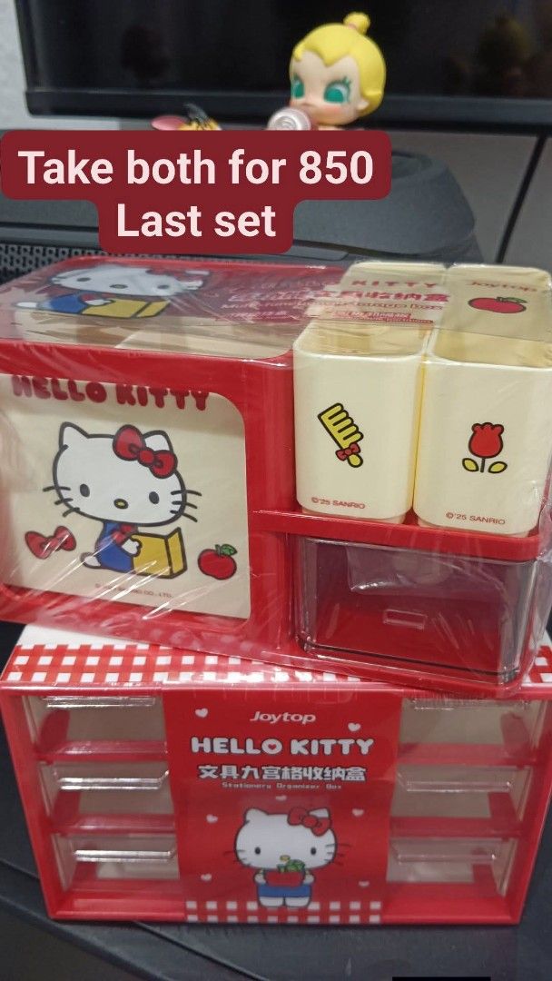 Hello Kitty Storage Set (Category: Storage Boxes & Baskets) located in Manila. Submitted by masterlei (Listing ID 1436210614, Image 1). Description: Kitty storage set. Includes a storage box with drawers and two small containers. The set is red and features Kitty designs. The storage box has multiple drawers for organizing small items. The containers have different designs. Take both for 850. Last set..