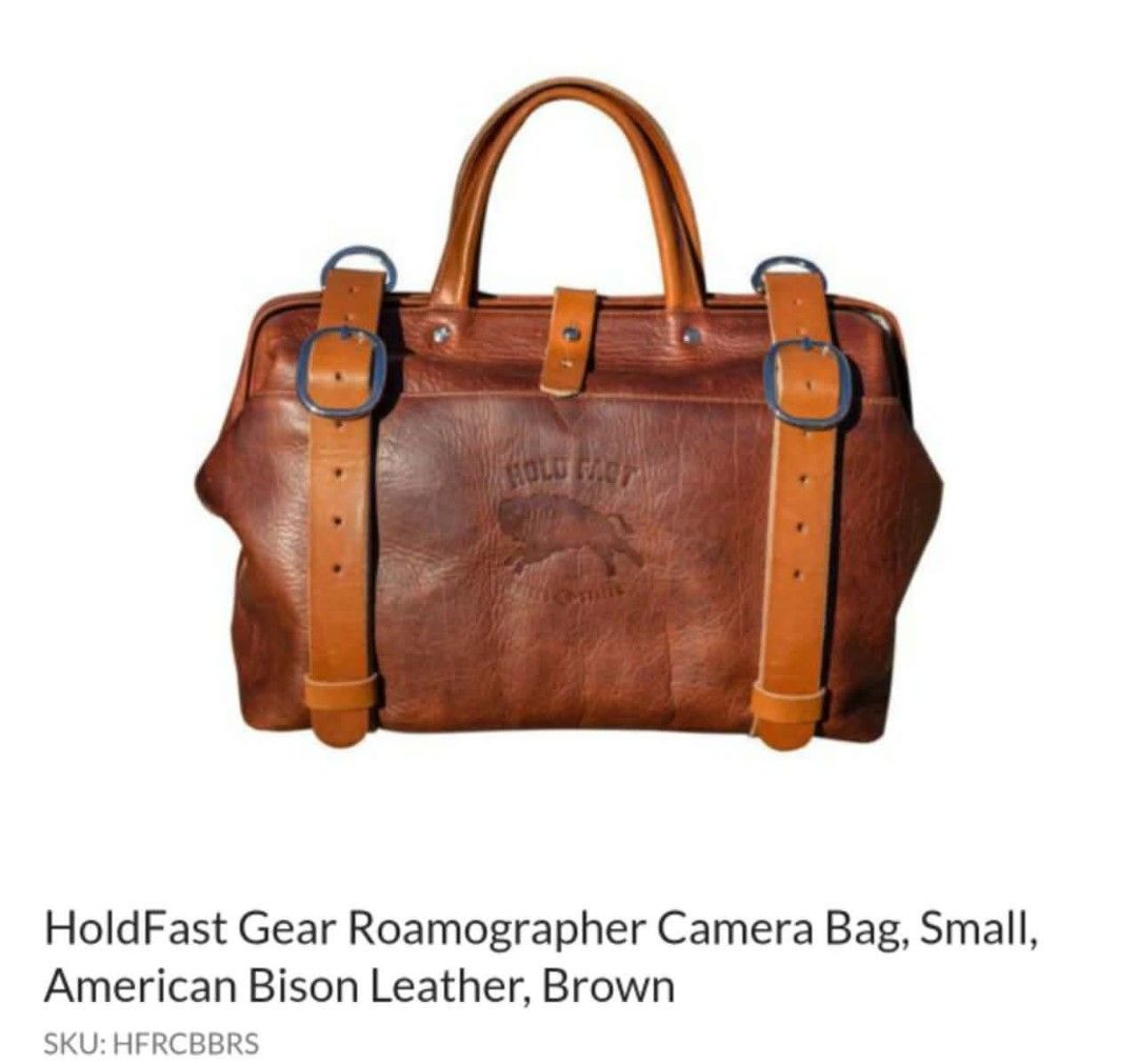 Rare HoldFast Gear Roamographer Camera Bag - Small (Category: Cross-body Bags) located in Bulacan. Submitted by THA_D_THRIFT (Listing ID 1436154244, Image 3). Description: - Rare HoldFast Gear Roamographer camera bag (Small) - Crafted from brown American Bison leather - Features light brown straps - Designed for mirrorless and rangefinder cameras - Includes a top handle for easy carrying - Adjustable straps with buckle closures - Classic rectangu