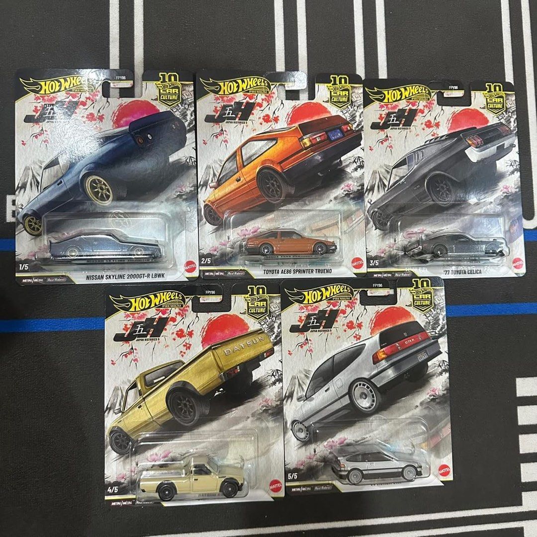 Hot Wheels Japan Historics 5 Set (Category: Vehicle & Diecast Models) located in Manila. Submitted by kkhxxxxz (Listing ID 1436210415, Image 1). Description: Hot Wheels Japan Historics 5 Set ₱2,300.00 Monumento, Caloocan Bawal sa maselan. Might have soft corners and card crease Gcash Pick up lalamove lbc Mine now pay now.