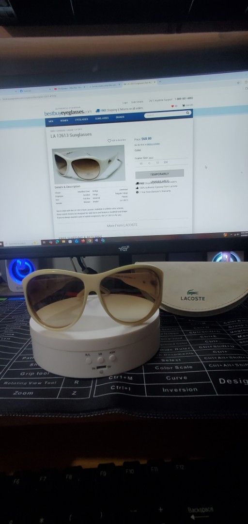 Lacoste LA 12613 Sunglasses (Category: Sunglasses & Eyewear) located in Manila. Submitted by gresha (Listing ID 1436270711, Image 2). Description: - Pre-loved Lacoste sunglasses - White frame - Brown lenses - Includes Lacoste case - Minor discoloration from storage - Selling for ₱700.