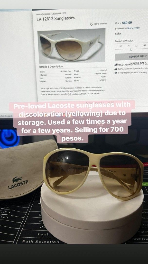 Lacoste LA 12613 Sunglasses (Category: Sunglasses & Eyewear) located in Manila. Submitted by gresha (Listing ID 1436270711, Image 1). Description: - Pre-loved Lacoste sunglasses - White frame - Brown lenses - Includes Lacoste case - Minor discoloration from storage - Selling for ₱700.
