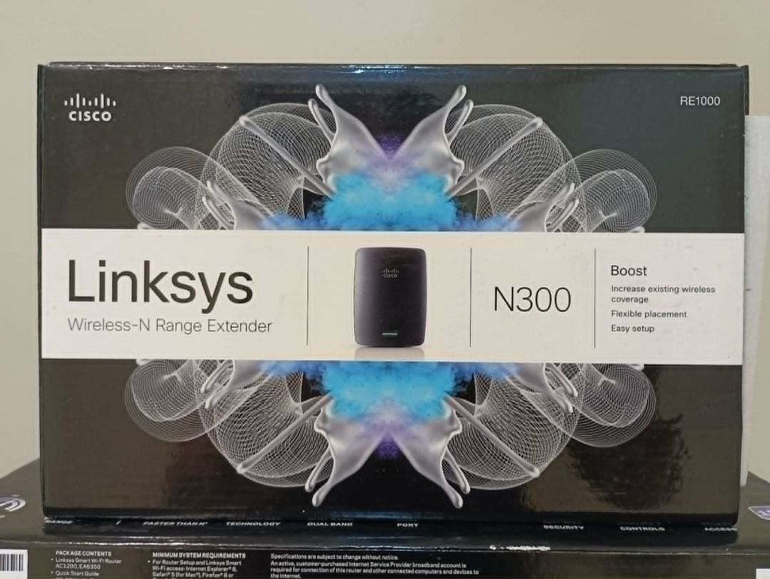 Linksys Wireless-N Range Extender N300 RE1000 (Category: Networking) located in Caloocan City. Submitted by bg_geniusph (Listing ID 1436182915, Image 1). Description: - Extends your Wi-Fi range. - Linksys Wireless-N Range Extender N300 RE1000. - Easy setup and flexible placement. - Improves connectivity throughout your home or office. - Cisco product. Linksys N300 Wireless Dual-Band Range Extender (RE1000), Asking price: 1,300 php.