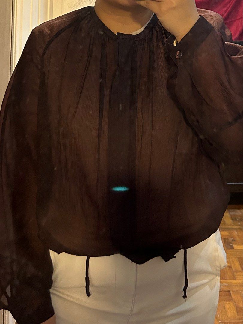 Massimo Dutti Brown Sheer Blouse/Jacket (Category: Blouses) located in Marikina City. Submitted by decluttering522 (Listing ID 1436224274, Image 2). Description: - Brown sheer blouse - Long sleeves - Round neckline - Tie closure at front Used once.
