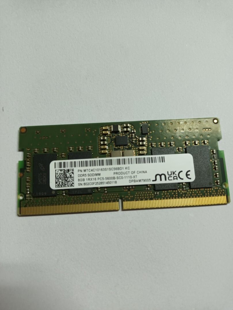 Micron 8GB DDR5 5600 SODIMM RAM (Category: Computer Parts) located in Pasig City. Submitted by icb35pc (Listing ID 1436175016, Image 1). Description: Micron 8GB DDR5 5600 SODIMM RAM - Model: MTC4C10163S1SC56BD1 - Stock Available: 55pcs Contact Number: 09219913424.