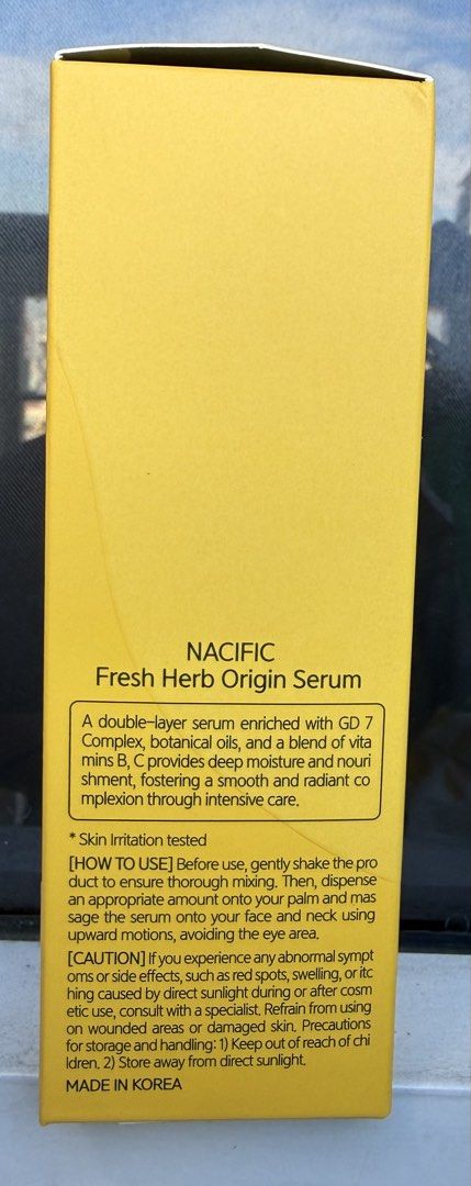 NACIFIC Fresh Herb Origin Serum 100ml (Category: Face Care) located in Subic. Submitted by corncarts (Listing ID 1436213731, Image 3). Description: - NACIFIC Fresh Herb Origin Serum - Double-layer serum for deep moisture and nourishment. - Enriched with GD 7 Complex, botanical oils, and vitamins B & C. - Promotes a smooth and radiant complexion. - Skin irritation tested. - 100ml bottle. - Made in Korea..