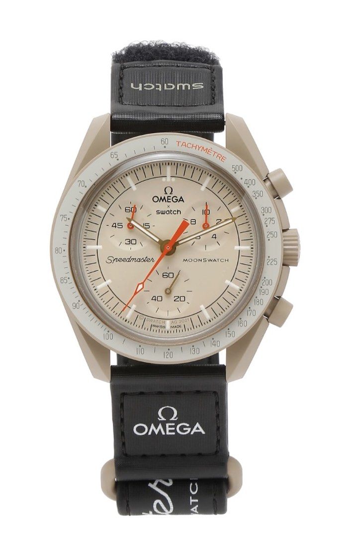 Omega x Swatch Speedmaster Moonswatch (Category: Luxury Watches) located in Quezon City. Submitted by hendrix2 (Listing ID 1436286512, Image 1). Description: - Omega x Swatch Speedmaster Moonswatch - Beige dial - Chronograph subdials - Tachymeter scale - Black strap with Omega branding - Swatch logo on strap and face - Speedmaster and Moonswatch text on dial.