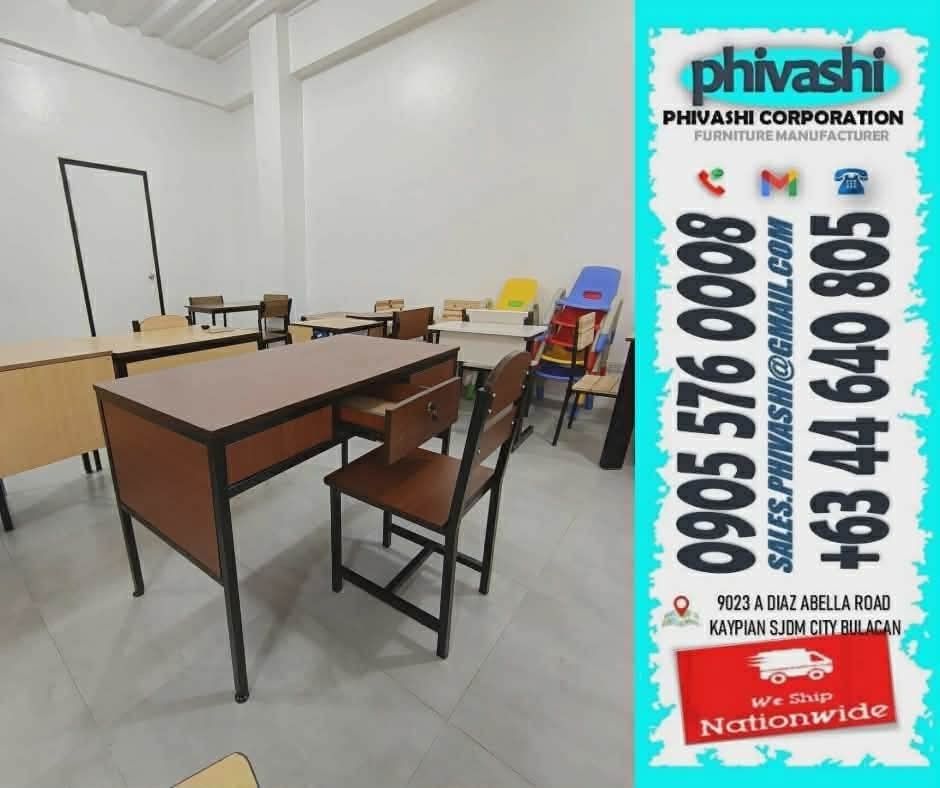 Phivashi Desk and Chair Set (Category: Office Furniture & Fixtures) located in Manila. Submitted by ricci00 (Listing ID 1436119460, Image 2). Description: Teacher's table and chair set. Affordable furniture. Direct from manufacturer. Factory price- no middle man..