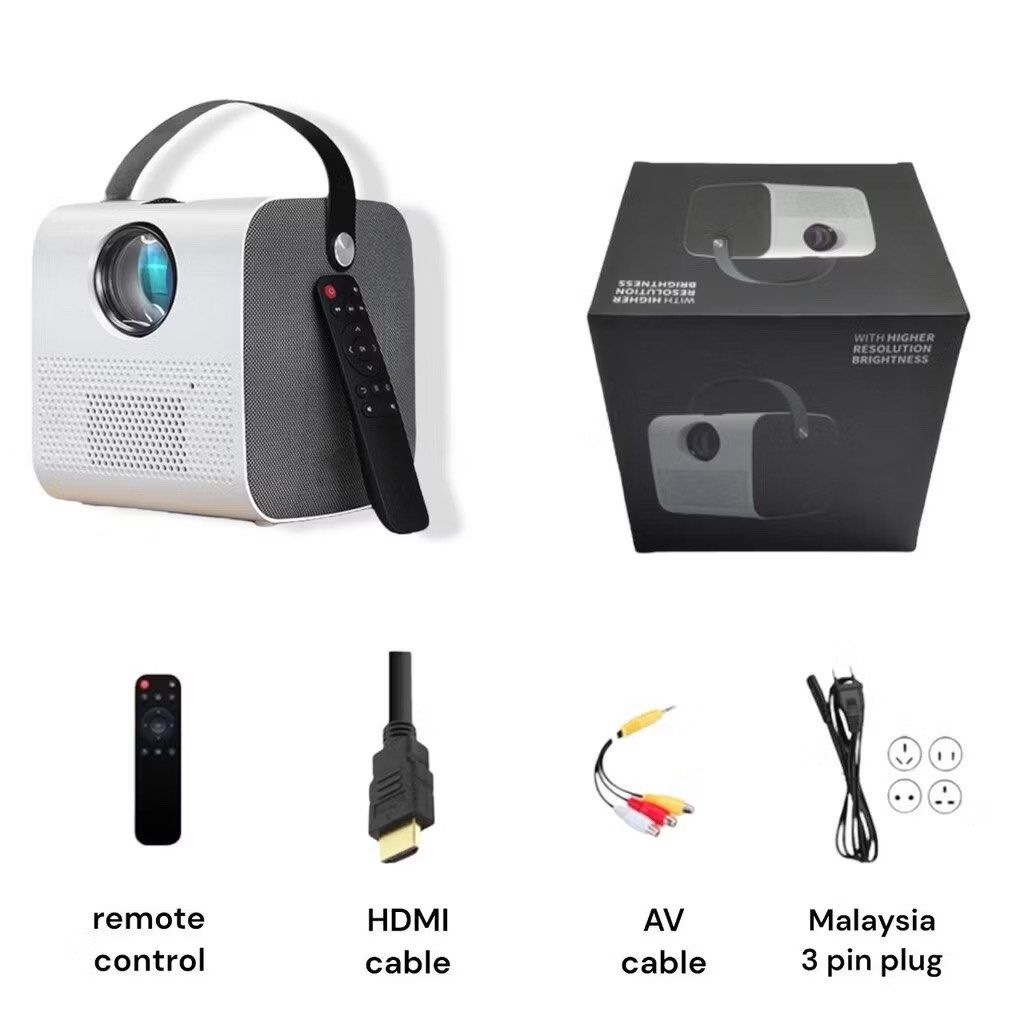 Portable Projector with Remote and Cables (Category: Projectors) located in Mandaluyong City. Submitted by itscleanspace.com (Listing ID 1436110358, Image 1). Description: - Portable projector with 1080P resolution - Projects up to 150 inches - Includes remote control - Comes with HDMI and AV cables - Malaysia 3-pin plug included - Supports wireless phone casting - Connects to iOS/Android via adapter (not included) - Compatible with laptops, Xbox