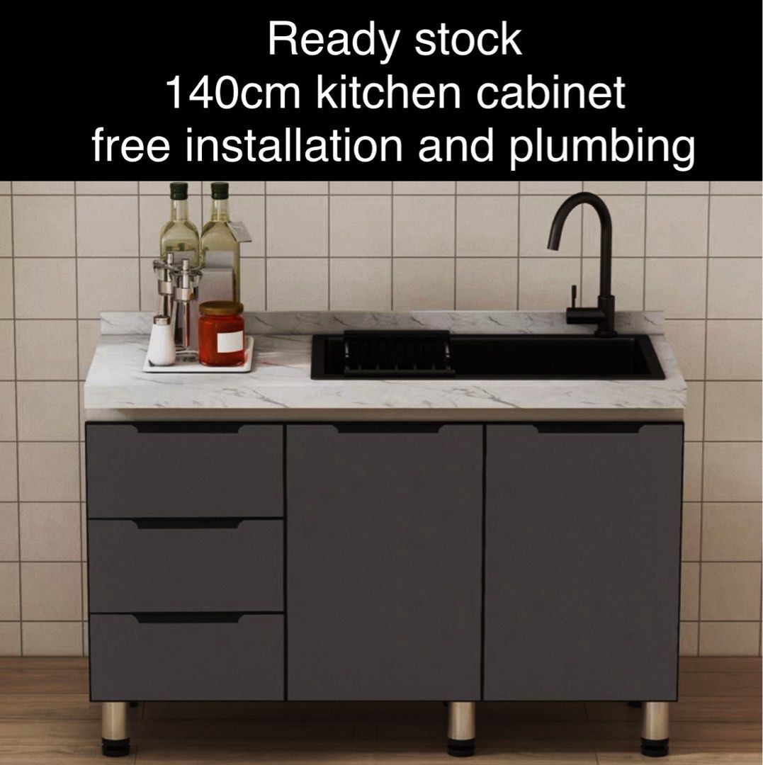 Ready stock 140cm kitchen cabinet with single sink , white marble sintered stone table top dark grey cabinet