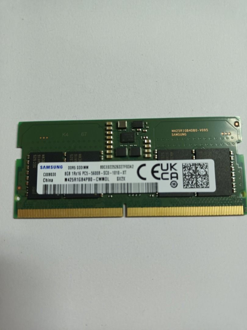 Samsung 8GB DDR5 SODIMM RAM (Category: Computer Parts) located in Pasig City. Submitted by icb35pc (Listing ID 1436172177, Image 1). Description: - Samsung 8GB DDR5 SODIMM RAM - 5600MHz speed - Model: M425R1GB4PB0-CWWOL - Designed for laptops and small form factor devices - Single module - Stock Available: 75pcs Contact number: 09219913424.