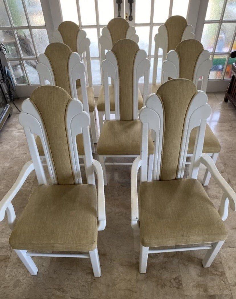 Set of 8 High-back Dining Chairs (Category: Chairs) located in Muntinlupa City. Submitted by bloo_berry (Listing ID 1436134825, Image 2). Description: Set of 8 High-back Dining Chairs 2 pcs armchairs for kabisera Hard wood Duco finish W/ upholstery *some chairs may need to be repaired Selling as is ₱14,850 SF c/o buyer NO RETURN NO EXCHANGE.