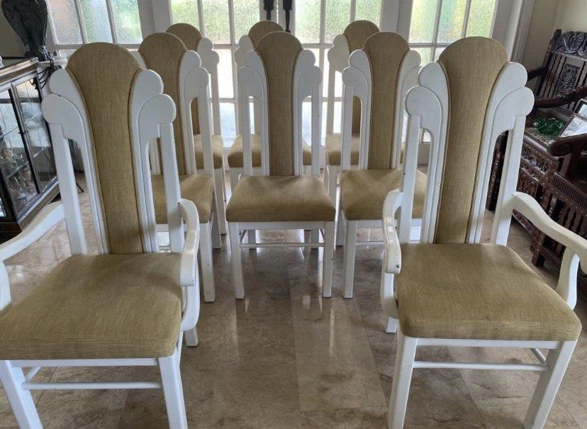 Set of 8 High-back Dining Chairs (Category: Chairs) located in Muntinlupa City. Submitted by bloo_berry (Listing ID 1436134825, Image 3). Description: Set of 8 High-back Dining Chairs 2 pcs armchairs for kabisera Hard wood Duco finish W/ upholstery *some chairs may need to be repaired Selling as is ₱14,850 SF c/o buyer NO RETURN NO EXCHANGE.