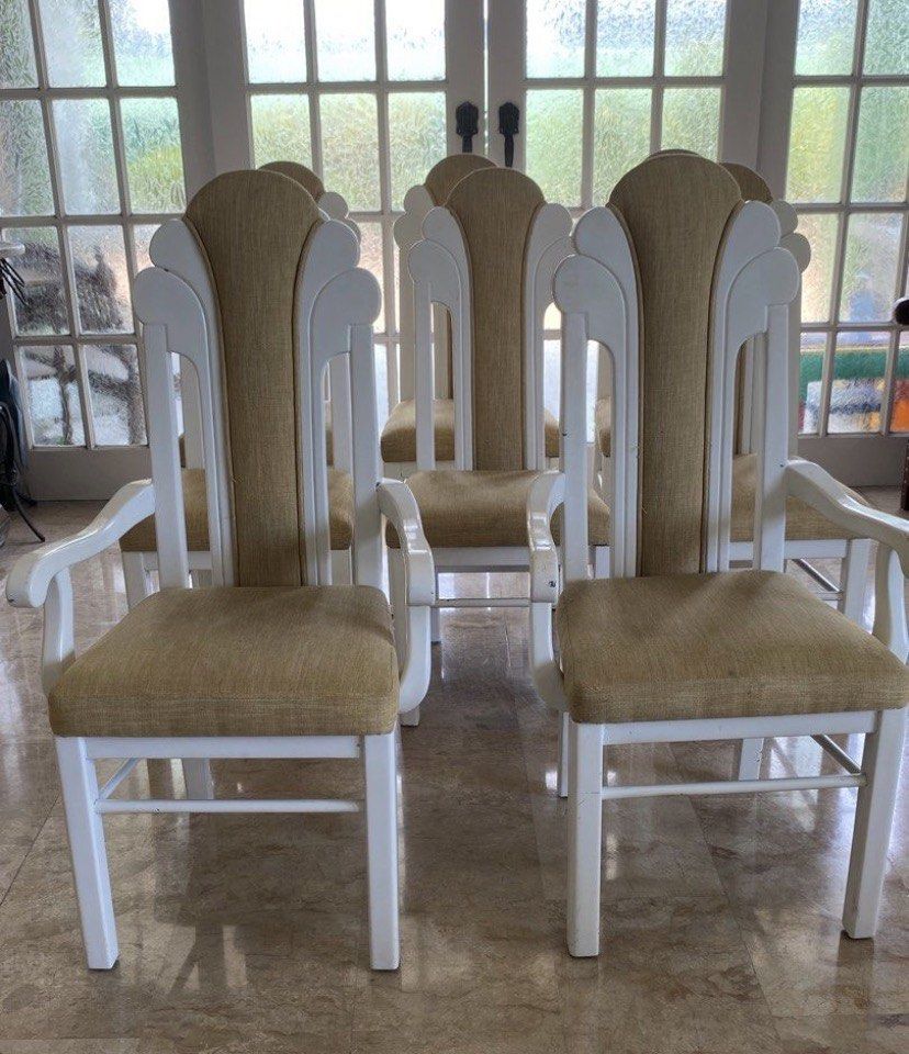 Set of 8 High-back Dining Chairs (Category: Chairs) located in Muntinlupa City. Submitted by bloo_berry (Listing ID 1436134825, Image 1). Description: Set of 8 High-back Dining Chairs 2 pcs armchairs for kabisera Hard wood Duco finish W/ upholstery *some chairs may need to be repaired Selling as is ₱14,850 SF c/o buyer NO RETURN NO EXCHANGE.