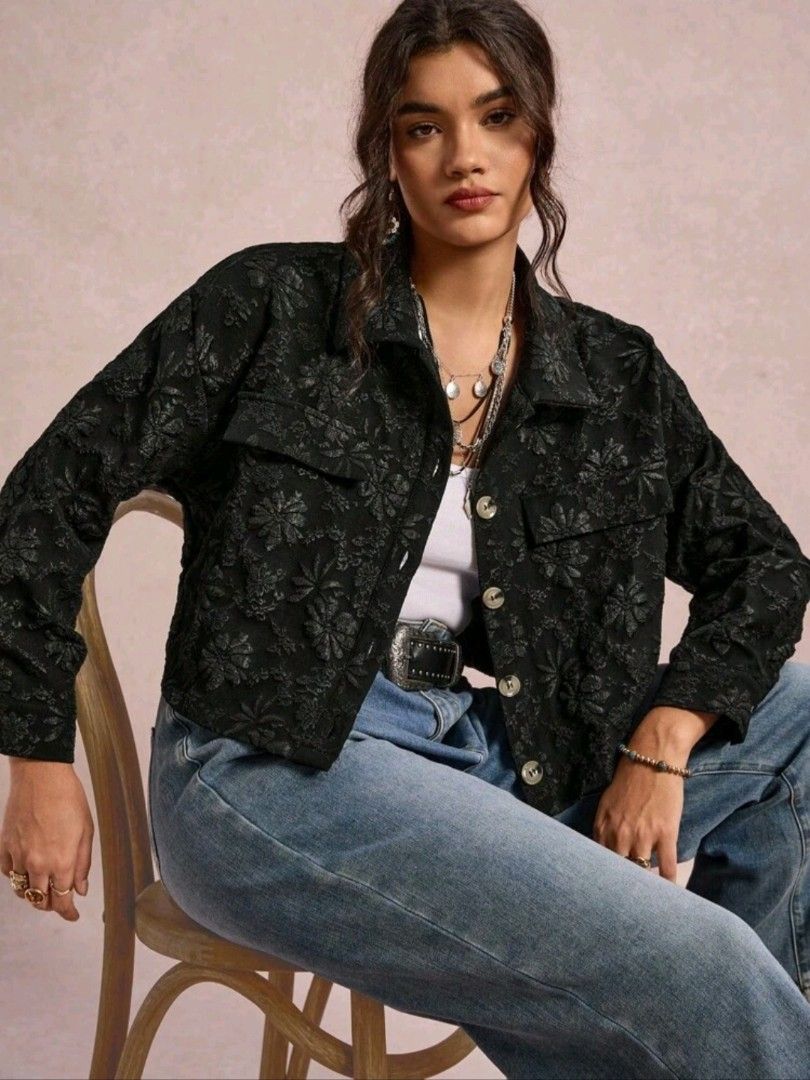 SHEIN LUNE Plus Size Solid Color Jacket (Category: Coats, Jackets and Outerwear) located in Los Banos. Submitted by jazzandjacob14 (Listing ID 1436229111, Image 3). Description: - SHEIN LUNE black jacket - Size: 1XL - Features: - Floral pattern - Collared neckline - Button-down closure - Two front pockets - Long sleeves - Cropped length * used once.